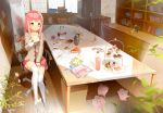 bag blush book bookshelf cake cardigan cellphone chair cup figure flower food fork glasses hatsune_miku highres mirror office_chair open_mouth original phone pink_hair plate room shorts silhouette sitting smile table tart_(food) thighhighs tiered_tray translation_request vocaloid white_legwear yellow_eyes 