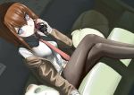  bottle_to_cheek brown_hair crossed_legs dr_pepper dutch_angle grey_eyes legs legs_crossed makise_kurisu mocha necktie pantyhose ringed_eyes sitting solo steins;gate 