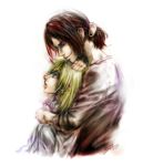  2girls androgynous christa_renz hand_on_head hug hug_from_behind multiple_girls ponytail profile savo_(slrs) shingeki_no_kyojin short_hair side signature smile ymir_(shingeki_no_kyojin) 