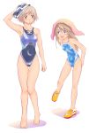  blue_eyes brown_hair competition_swimsuit ellesse goggles green_eyes long_hair mizuno multiple_girls no_socks one-piece_swimsuit original shoes shoko_(moccom) short_hair swim_cap swimsuit thigh_gap towel towel_on_head 