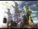  airplane condensation_trail contrail green_eyes green_hair hatsune_miku headphones letterboxed long_hair misato_tomoki power_lines solo speaker twintails vocaloid vocarock wire 