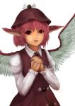  absurdres animal_ears bad_id bust claws fingernails hands_clasped hat highres long_fingernails long_sleeves mizuti mystia_lorelei open_mouth pink_hair portrait red_eyes short_hair simple_background smile solo touhou wings 