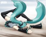  aqua_eyes aqua_hair bad_id boots faceplant falling flexible foreshortening gunsryu hands hatsune_miku headphones long_hair on_ground panties skirt solo striped striped_panties thigh-highs thigh_boots thighhighs twintails underwear vocaloid 