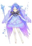  avalon_code barefoot blue blue_hair chain chains earrings facial_mark forehead_mark gloves haccan headdress highres ice jewelry long_hair neaki pointy_ears simple_background solo staff yellow_eyes 