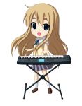  blonde_hair blue_eyes chibi highres instrument k-on! keyboard_(instrument) kotobuki_tsumugi kuena long_hair open_mouth pleated_skirt school_uniform simple_background skirt smile solo sweater_vest 