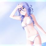  blue_eyes breasts cleavage front-tie_top ikari_manatsu long_hair navel purple_hair shiony_regis super_robot_wars super_robot_wars_z2 swimsuit 