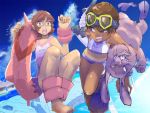  bikini blue_eyes brown_hair bunny cloud clouds dark_skin flippers floaties goggles green_eyes missing_tooth multiple_girls one-piece_swimsuit original pier rabbit short_hair sky smile snorkel stregoicavar swimsuit tan tanline water 