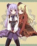  bad_id blonde_hair brown_eyes hat irie_(angel_beats!) kono_sanorou lolita_fashion long_hair mini_top_hat pantyhose purple_eyes purple_hair striped striped_legwear top_hat twintails violet_eyes yusa_(angel_beats!) 