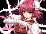  bandage bandages blush bun_cover bust chinese_clothes double_bun face flower hands ibara_kasen ibaraki_kasen mino106 mouth_hold pink_hair pink_rose red_eyes red_hair rose short_hair simple_background solo tabard throne touhou 