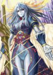  blue_skin breasts cleavage lord_of_vermilion mismi powers_(lord_of_vermilion) red_eyes sword weapon wings 