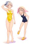  arena_(company) blue_eyes brown_hair competition_swimsuit goggles green_eyes long_hair multiple_girls no_socks one-piece_swimsuit original school_swimsuit shoes shoko_(moccom) short_hair swim_cap swimsuit thigh_gap thighs towel towel_on_head 