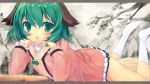  animal_ears bamboo_broom blush broom chin_rest dress footwear green_eyes green_hair kasodani_kyouko lying mayuzaki_yuu on_stomach open_mouth short_hair socks solo touhou white_legwear 