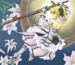  ahoge armor armored_dress back bare_shoulders blonde_hair caliburn detached_sleeves dress fate/stay_night fate/unlimited_codes fate_(series) flower gauntlets green_eyes hair_ribbon hitoha lilies lily_(flower) ponytail ribbon saber saber_lily sheath solo sword weapon 
