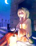  blonde_hair boots brick_wall cat crescent_moon cross-laced_footwear highres lace-up_boots lamp long_hair mittens moon night night_sky original sin_(artist) sitting sky solo stairs star 
