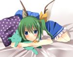  blue_dress blue_eyes blush cat daiyousei doll doll_hug dress emyu fujishiro_emyu green_hair hair_ornament hair_ribbon hairpin on_stomach pillow plush_toy ribbon side_ponytail smile solo touhou wings 