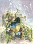  animal_on_head bird bird_on_head bobby_corwin chocobo final_fantasy final_fantasy_ix gloves hat issun_boushi male sitting traditional_media tree_stump vivi_ornitier watercolor_(medium) 