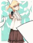 blonde_hair blue_eyes dress frills gun handgun original paper ponytail pov_aiming shoe-ji solo weapon 
