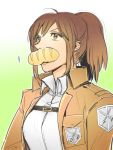  1girl bread bread_in_mouth brown_hair food gradient gradient_background jacket mori08 mouth_hold ponytail sasha_browse shingeki_no_kyojin solo 