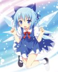  :d arms_up blue_dress blue_eyes blue_hair blush bow cirno dress fang hair_bow looking_at_viewer mary_janes open_mouth perfect_cherry_blossom shirt shoes short_hair smile snow solo touhou wings yamasan 