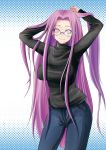  blush breasts fate/stay_night fate_(series) glasses jeans large_breasts long_hair purple_eyes purple_hair rider smile turtleneck very_long_hair violet_eyes zanku 
