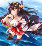  1girl bare_shoulders black_hair blush boots breasts detached_sleeves hairband haruna_(kantai_collection) japanese_clothes kantai_collection large_breasts long_hair looking_at_viewer miko okitakung personification red_eyes skirt smile solo thigh-highs thigh_boots wide_sleeves zettai_ryouiki 