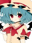  :&gt; ascot bad_id bat_wings blue_hair bow brooch bust haru_(kyou) hat heart jewelry red_eyes remilia_scarlet short_hair smile solo touhou wings wrist_cuffs 