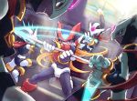  blonde_hair bodysuit capcom clone energy_blade gloves glowing glowing_eyes helmet nasu_(roda_de_estrela) phantom phantom_(rockman) polearm purple_eyes red_eyes rockman rockman_zero scarf shuriken spear violet_eyes weapon zero_(rockman) 