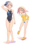  arena_(company) blue_eyes brown_hair competition_swimsuit ellesse goggles green_eyes jacket long_hair multiple_girls no_socks one-piece_swimsuit original shoes shoko_(moccom) short_hair swim_cap swimsuit swimsuit_under_clothes thigh_gap thighs towel towel_on_head 