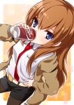  blue_eyes brown_hair dr_pepper drinking hand_on_hip hips jacket long_hair makise_kurisu necktie neo1031 pantyhose product_placement short_shorts shorts solo steins;gate 