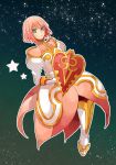  boots coat colored_eyelashes dress estellise_sidos_heurassein gloves kuro_(pixiv) night pink_hair shield short_hair sky solo star star_(sky) starry_sky tales_of_(series) tales_of_vesperia 