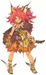  absurdres big_hair bracelet claws earrings eyebrows feathers fur green_eyes haccan highres jewelry knife nut nut_(food) official_art red_hair redhead sandals simple_background solo standing thick_eyebrows toes 