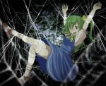  arms_up bdsm blue_dress blush bondage daiyousei dress green_eyes green_hair hair_ornament hair_ribbon hairpin highres necktie no_wings open_mouth ribbon s-syogo side_ponytail solo spider_web tears touhou upskirt 