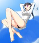  barefoot black_hair brown_eyes cloud clouds eyepatch feet legs long_hair long_legs military military_uniform ponytail sakamoto_mio sayu_(mio-mosa) sky solo strike_witches swimsuit swimsuit_under_clothes thighs uniform 