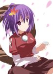  emyu fujishiro_emyu hair_ornament leaf petals purple_eyes purple_hair sakazuki sitting sketch solo touhou violet_eyes yasaka_kanako 