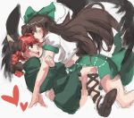  animal_ears black_hair black_wings bow braid cat_ears hair_bow hug iroyopon kaenbyou_rin multiple_girls oekaki open_mouth red_hair redhead reiuji_utsuho sketch touhou wings 