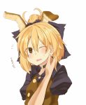  antennae blonde_hair blush bow brown_eyes extra_ears flying_sweatdrops hachi105 hair_bow hair_ribbon hand_on_another's_cheek hand_on_another's_face hand_on_cheek kurodani_yamame open_mouth ponytail pov ribbon rinnrinn short_hair solo sweatdrop touhou translated wince yellow_eyes 