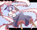  ascot blouse boots bow capelet cross-laced_footwear daba frills hat hat_ribbon highres lace-up_boots letterboxed long_skirt nagae_iku purple_hair red_eyes ribbon shawl short_hair skirt smile solo touhou 