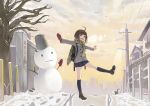  antenna_hair ataru_(ataru_squall) backpack bag balancing bare_tree bird brown_eyes brown_hair bucket cat cloud footprints kneehighs lamppost loafers miniskirt mittens open_mouth original outstretched_arms paw_print power_lines randoseru scarf shoes short_hair single_glove skirt sky snow snowman solo spread_arms standing_on_one_leg tree winter 