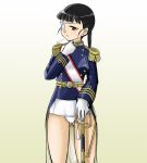  black_hair blush breath epaulettes eyepatch gloves long_hair military military_uniform ponytail sakamoto_mio sayu_(mio-mosa) scabbard sheath solo strike_witches sweatdrop swimsuit swimsuit_under_clothes sword uniform weapon white_swimsuit 