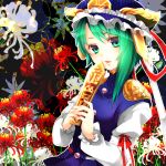  asymmetrical_hair bad_id bust floral_background flower green_eyes green_hair hands hat lips looking_at_viewer rod_of_remorse shikieiki_yamaxanadu short_hair smile solo spider_lily touhou yutazou 