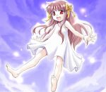  bow brown_hair clannad dress feet flying hair_bow hair_ribbon hisakawa_chin long_hair one open_mouth orihara_misao outstretched_hand red_eyes ribbon sky solo sparkle 