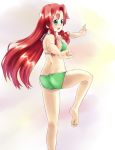  ass back bare_back barefoot bikini blue_eyes feet fighting_pose from_behind green_bikini hands hong_meiling kannazuki_hato long_hair red_hair redhead solo standing_on_one_leg swimsuit touhou 