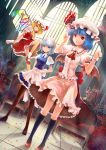  ascot bat_wings blonde_hair blue_eyes blue_hair bow braid fatherland2009 flandre_scarlet flower highres izayoi_sakuya laevatein maid maid_headdress multiple_girls red_eyes remilia_scarlet rose short_hair thigh-highs thighhighs touhou twin_braids wings 