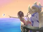 animal_ears bare_shoulders blonde_hair blush breasts brown_eyes brown_hair butterfly cat_ears cat_tail chen dolphin earrings fang fox_tail hands_in_sleeves happy highres jewelry mossari_poteto multiple_girls no_hat no_headwear ocean open_mouth reaching short_hair sky smile sunset tail touhou water whale yakumo_ran 