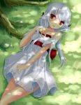  copyright_request dress flower grass hair_flower hair_ornament hitsukuya long_hair looking_at_viewer lying off_shoulder on_back open_mouth orange_eyes shade solo tree tree_shade white_hair 