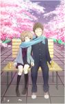  0416bush absurdres bench cardigan hanasaku_iroha highres holding_hands kneehighs loafers matsumae_ohana petals scarf shared_scarf shoes skirt tanemura_kouichi wink 