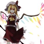  album_cover alternate_wings ascot blonde_hair cover flandre_scarlet gradient hat looking_at_viewer parted_lips red_eyes shirofox short_hair side_ponytail simple_background smile solo the_embodiment_of_scarlet_devil touhou wings 