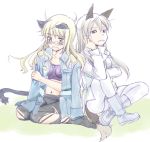  animal_ears black_legwear blonde_hair blue_eyes blush boots bra eila_ilmatar_juutilainen glasses grey_hair jacket_on_shoulders lingerie long_hair military military_uniform multiple_girls navel open_clothes open_mouth pantyhose perrine_h_clostermann rimless_glasses sanpatisiki sitting strike_witches tail torn_pantyhose underwear uniform white_legwear yellow_eyes 