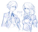  1girl arisato_minato blue digital_media_player dual_persona eu03 female_protagonist_(persona_3) genderswap hair_over_one_eye headphones monochrome persona persona_3 persona_3_portable school_uniform short_hair 