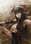  breasts cleavage heterochromia hime_cut horns katana long_hair original over_shoulder pointy_ears red_eyes solo sword sword_over_shoulder weapon weapon_over_shoulder wolfedge yellow_eyes 